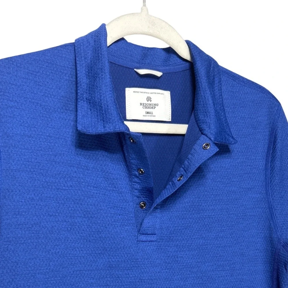 Reigning Champ Mens Blue‎ Textured Knit Short Sleeve Polo Shirt Size Small